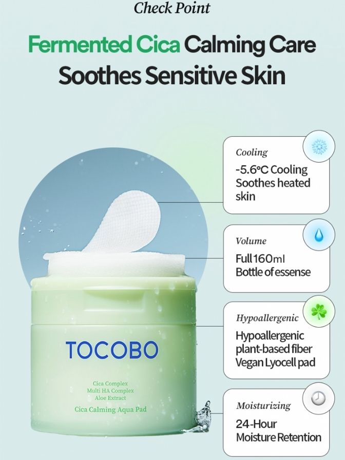 Tocobo Cica Aqua Calming Toner 200ml ,\ Tocobo Toner Pad 150mlj Tocobo Cica Gel Cream 75ml & Cica Cooling Sun Stick | Calming, Hydrating, and Protective Skincare Set