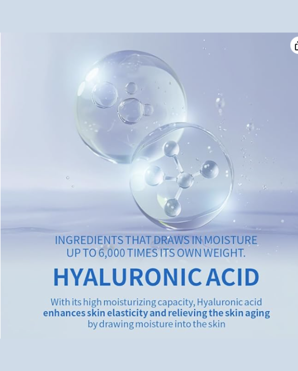 Advertisement for hyaluronic acid with molecular structure illustration on a light blue background.