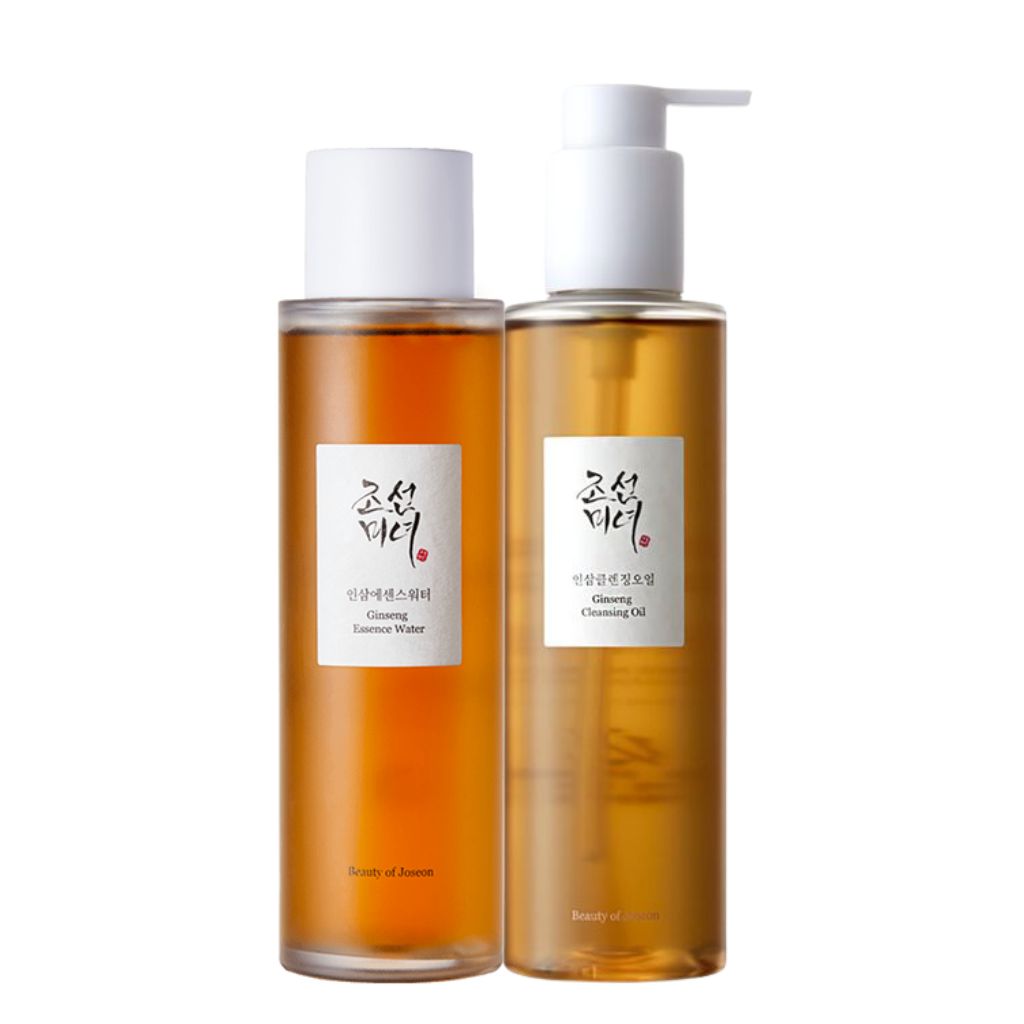Two bottles of cleansing products with labels on a white background