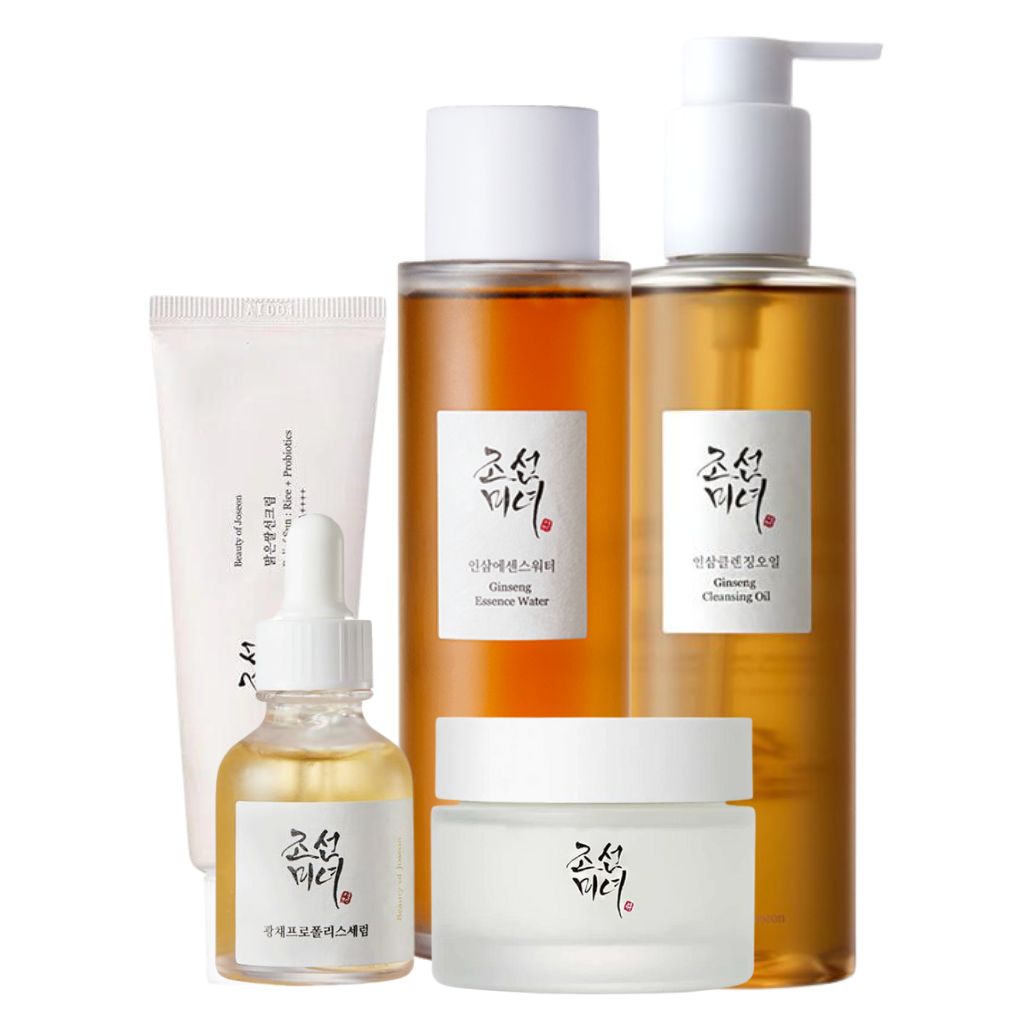 Korean Radiance Ritual Bundle | Ginseng & Rice Skincare Set of skincare products with labels on a white background