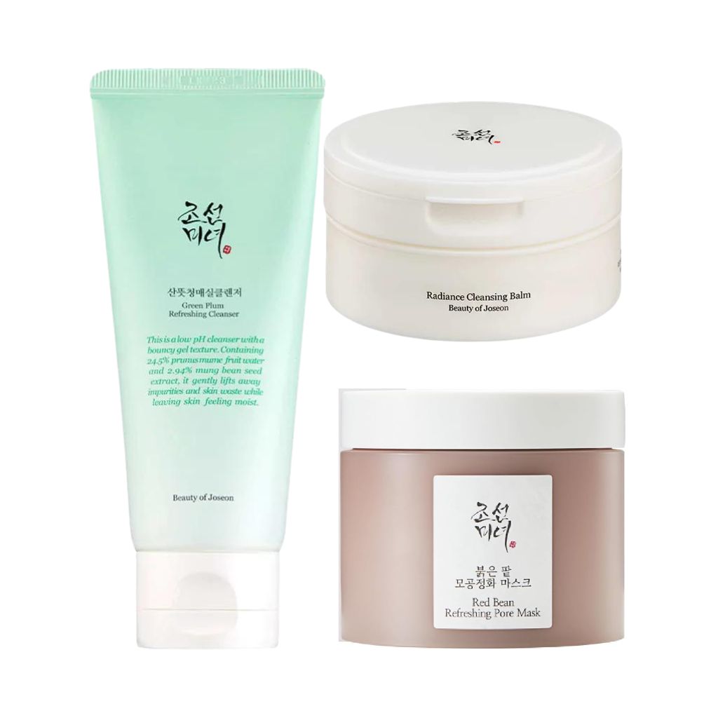 Cleansing Balm, Green Plum Cleanser & Red Bean Mask, Three skincare products from Beauty of Joseon on a white background