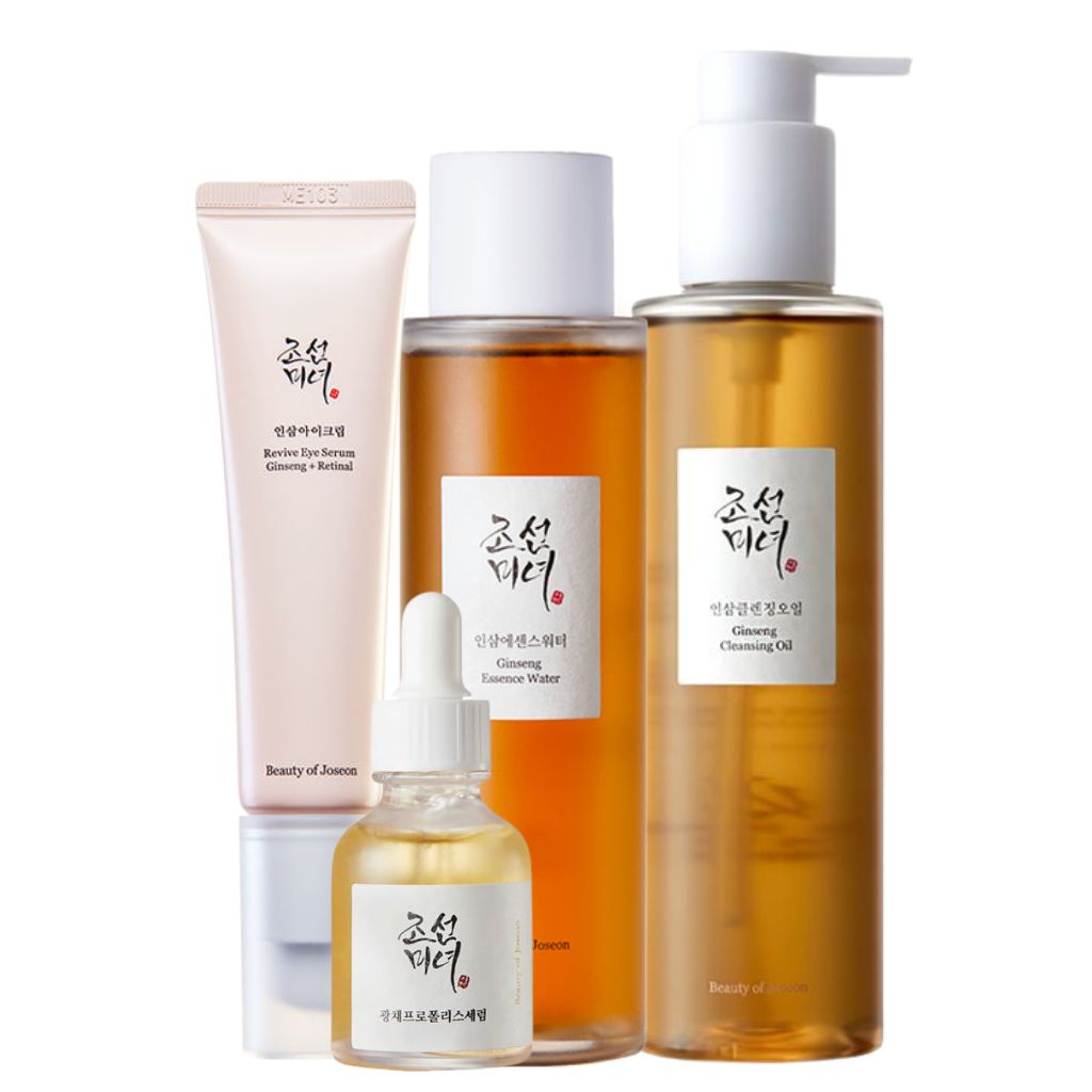 Ginseng Radiance Bundle | Cleansing Oil, Essence, Glow Serum & Eye Serum Set of skincare products with labels on a white background