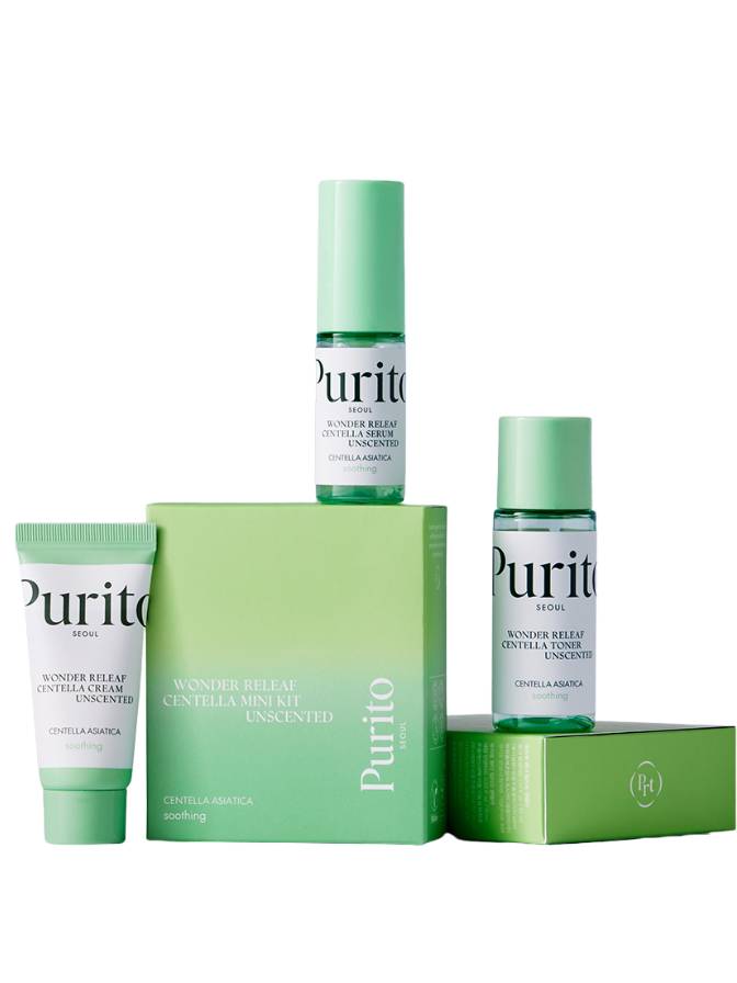 Purito skincare products including bottles and a box on a white background