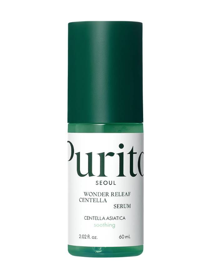 Purito serum bottle with green cap and label on a white background