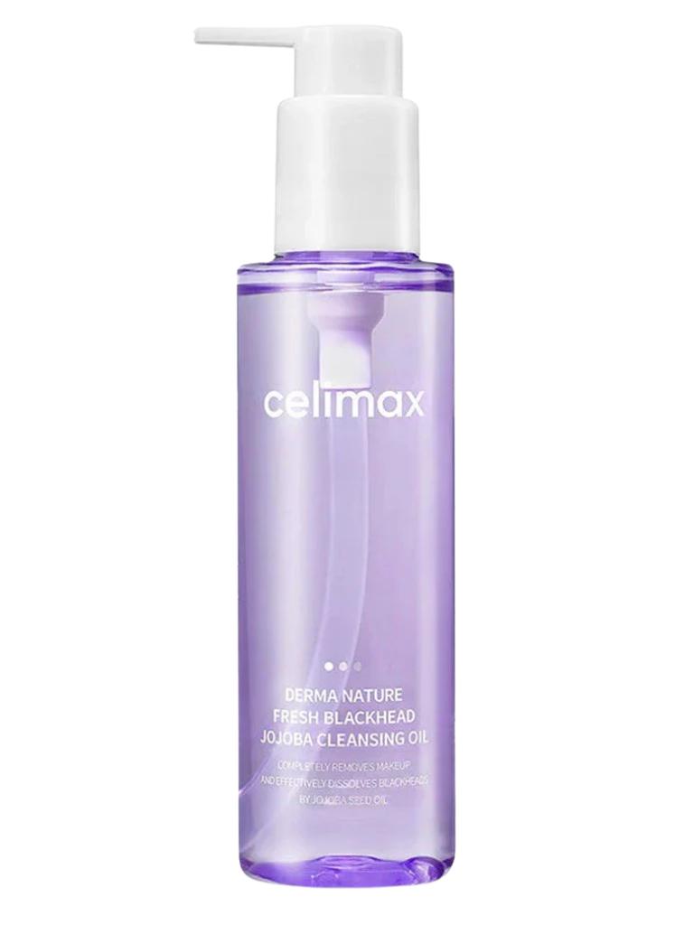 Purple bottle of Celimax cleansing oil with pump on a white background